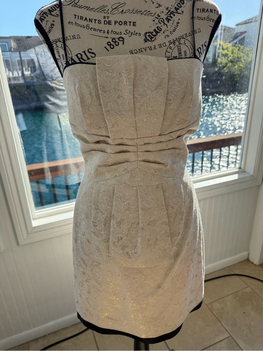 BCBG Strapless Ivory Brocade Cocktail Dress with Black Trim